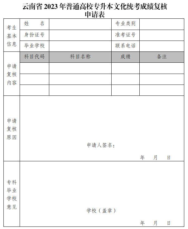 云南省2023年普通高校專(zhuān)升本文化統(tǒng)考成績(jī)復(fù)核申請(qǐng)表